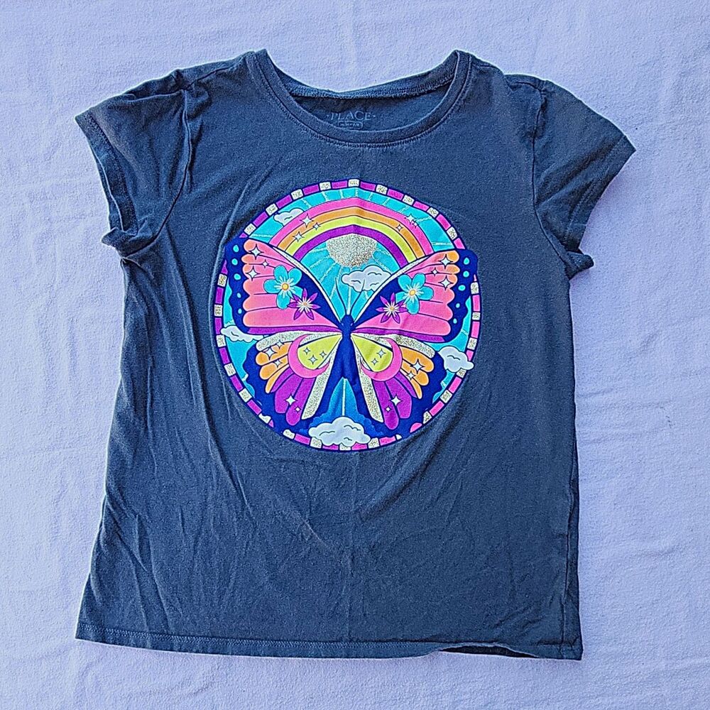The Children's Place Girls 7-8 Gray Butterfly Rainbow Glitter Graphic Tee